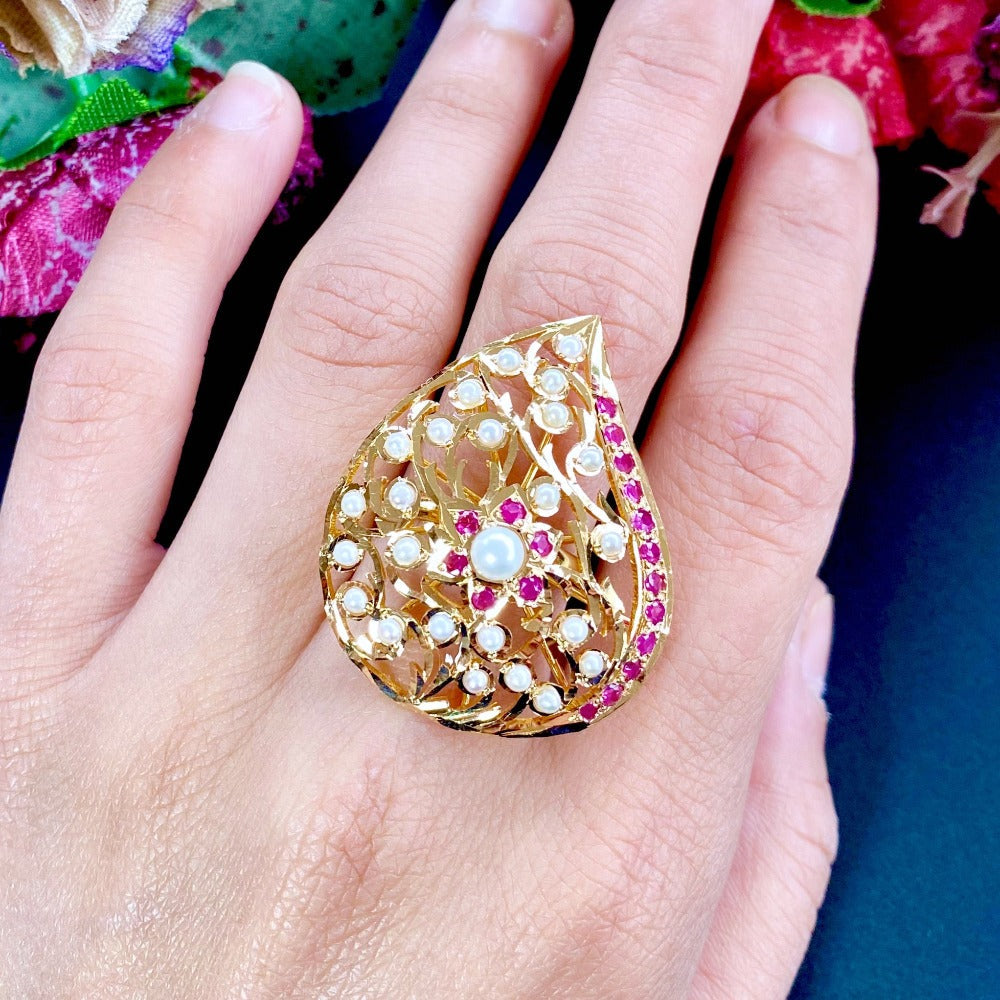ruby pearl jadau ring gold