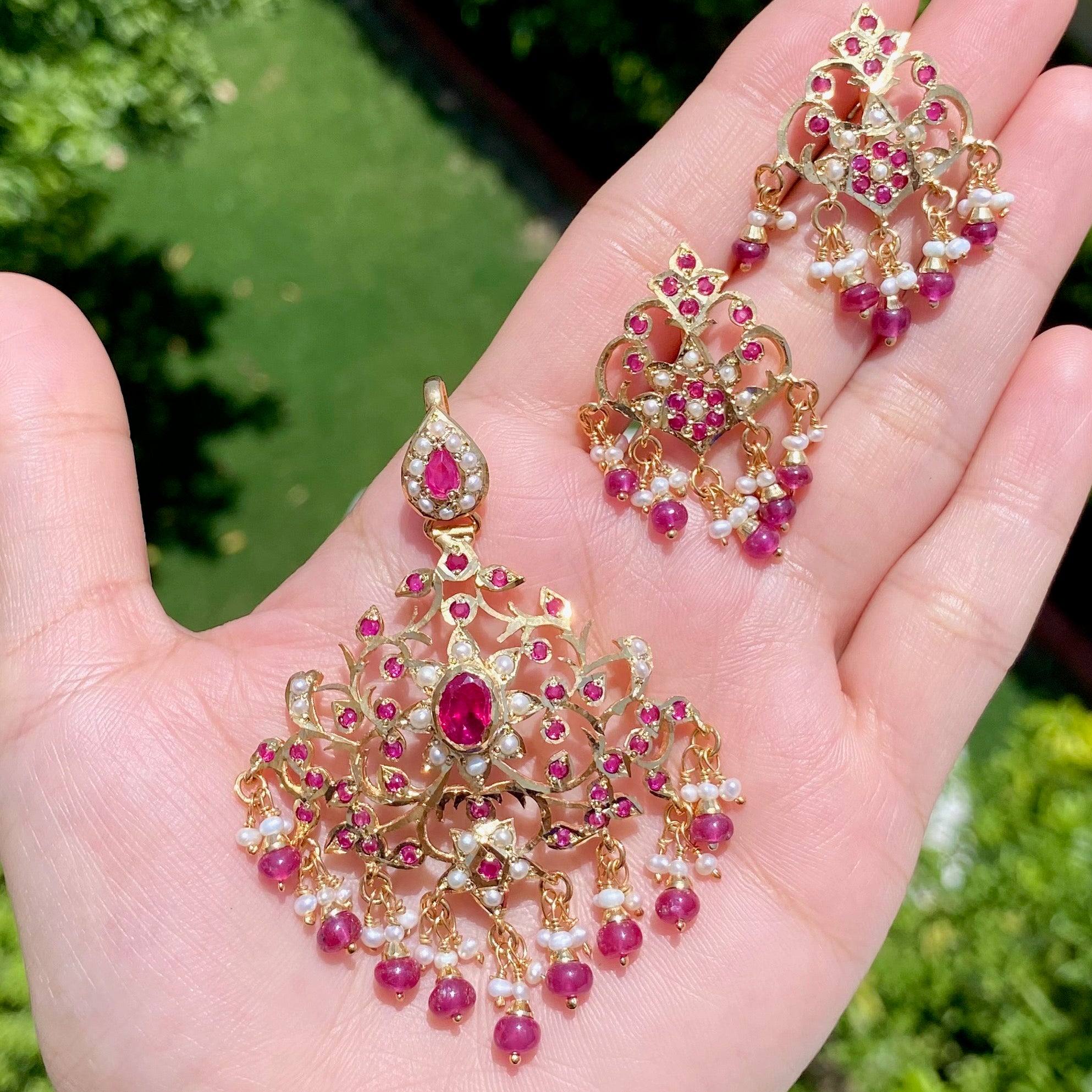 Antique Design Indian Pendant Set | Ruby Red & Pearl Combination | Gold Plated on Silver