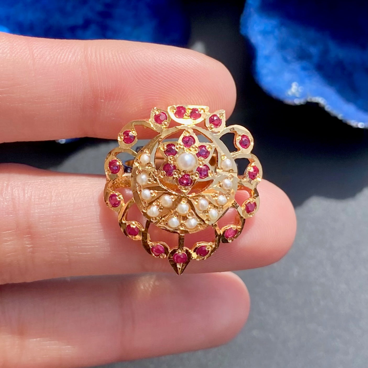 Gold Plated Ladies' Ring | Exquisite Jadau Jewelry Online | Ruby Red & Pearls