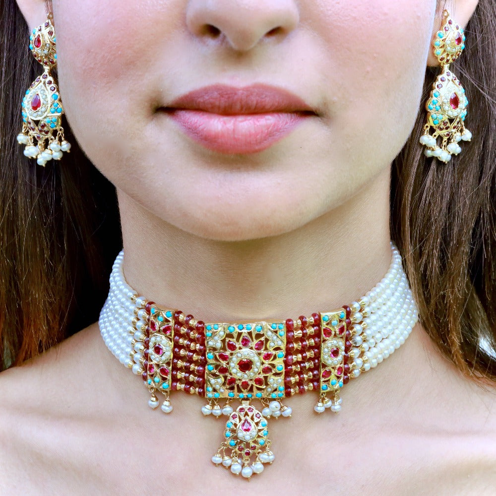 ruby turquoise choker set gold plated