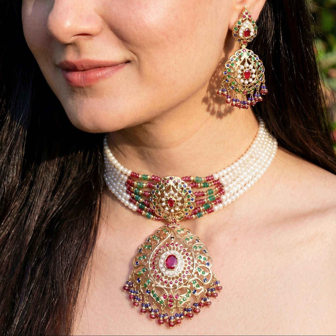 మొఘల్-శైలి జదౌ చోకర్ | ఇండియన్ నెక్లెస్ సెట్ | గోల్డ్ ప్లేటెడ్ సిల్వర్ NS 070