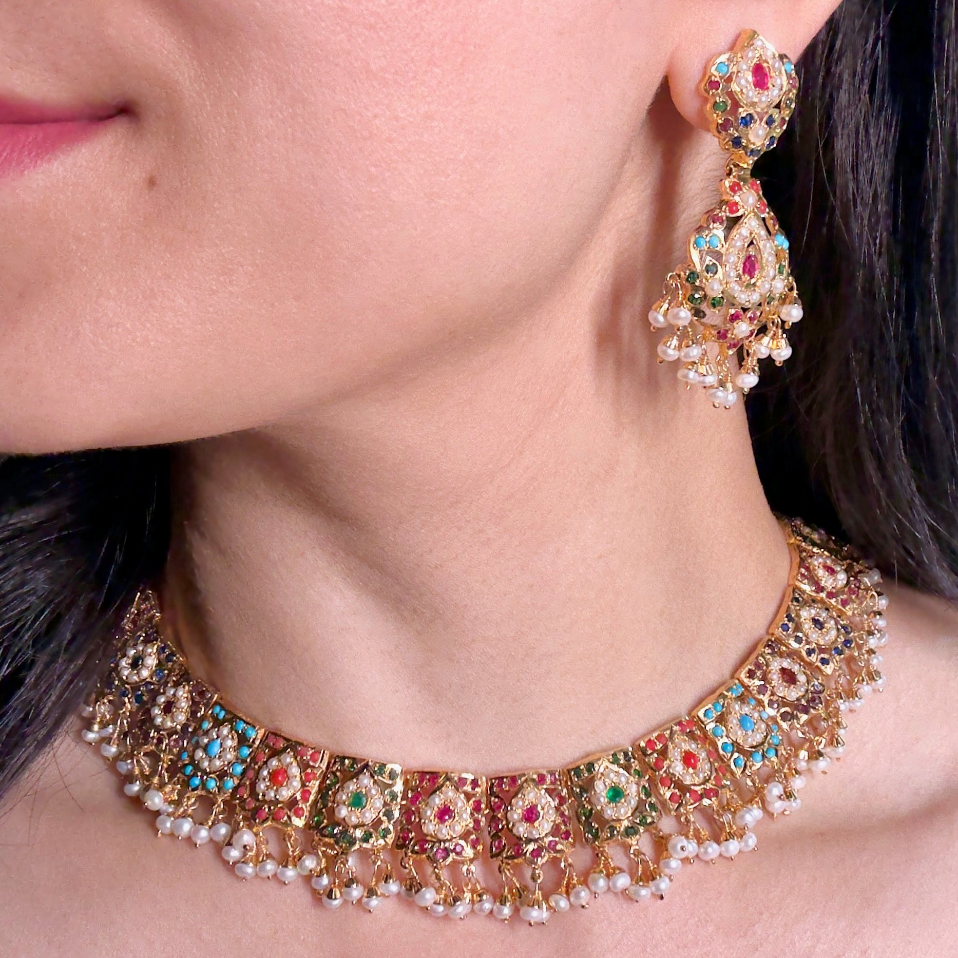 Elegant and Sober Navaratna Necklace Set | Gold Plated Jadau Jewelry on Silver