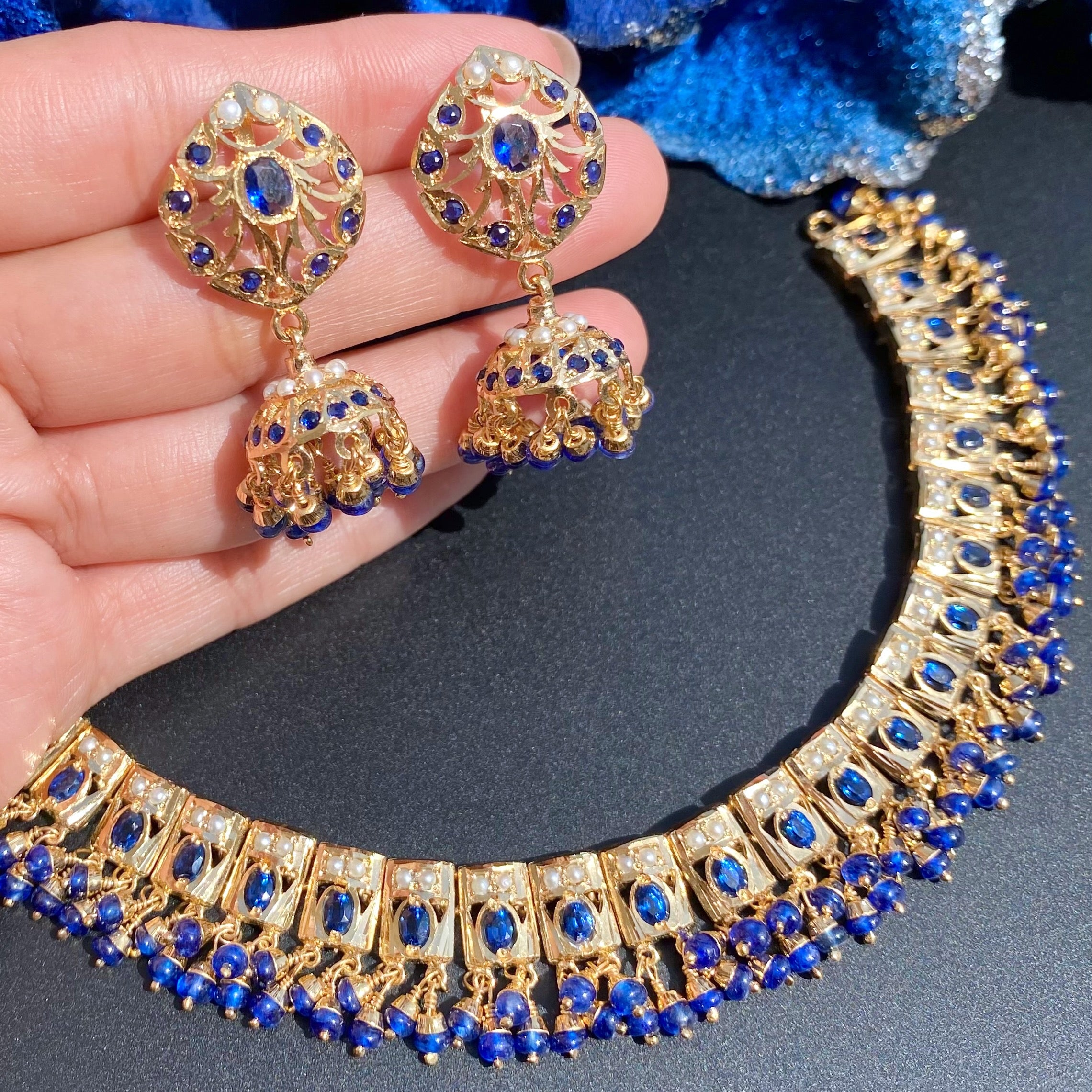Simple Elegant Jadau Necklace With Jhumka | Gold Plated on Silver | Blue Sapphire & Pearls NS 553