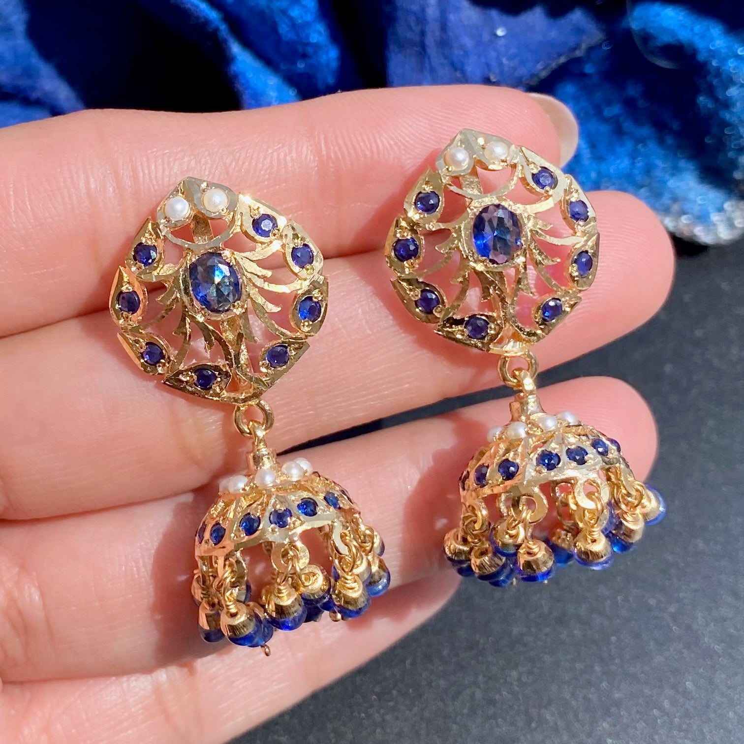 Simple Elegant Jadau Necklace With Jhumka | Gold Plated on Silver | Blue Sapphire & Pearls NS 553