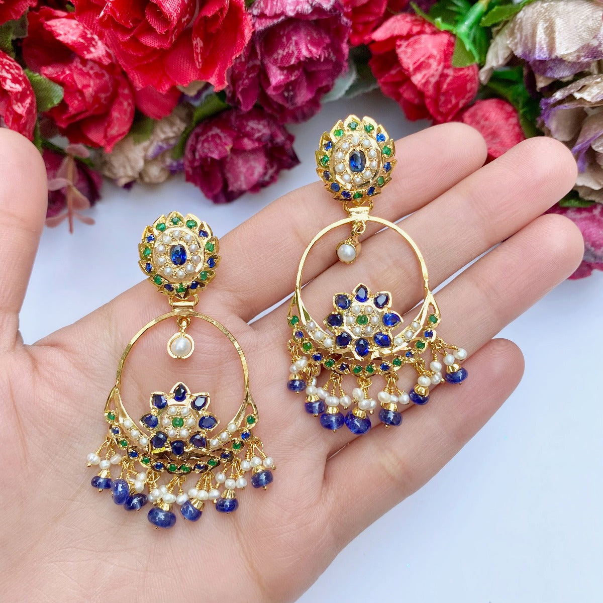 Navy Blue Sapphire Chandbali Earrings | Dainty Design | 925 Sterling Silver Gold Plated