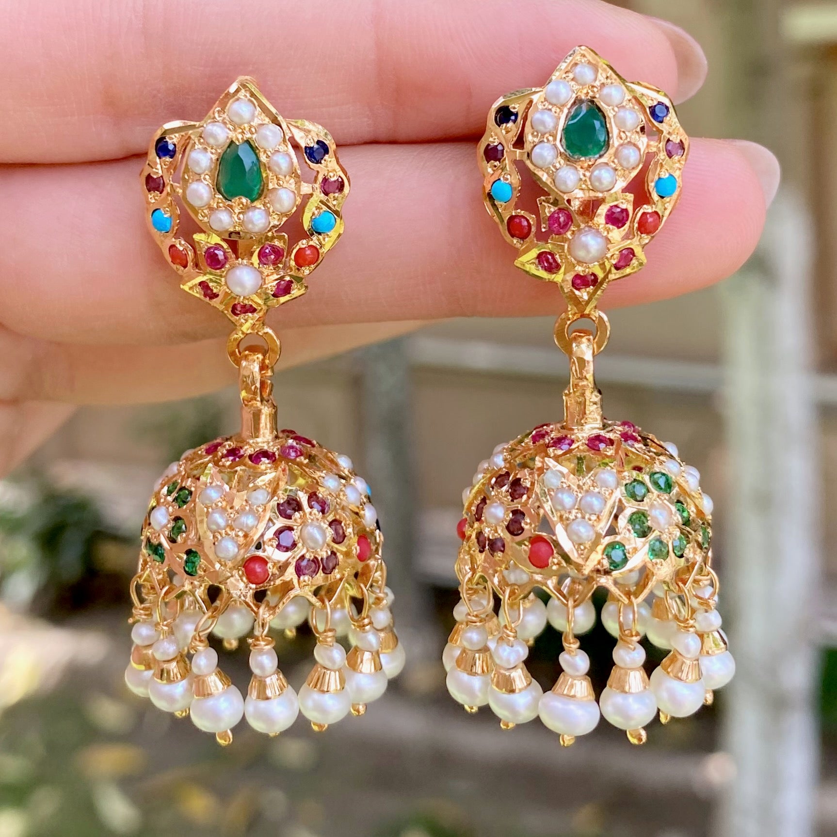 Gold Plated Jhumki | Navratna Color Combination| Small Dainty Size
