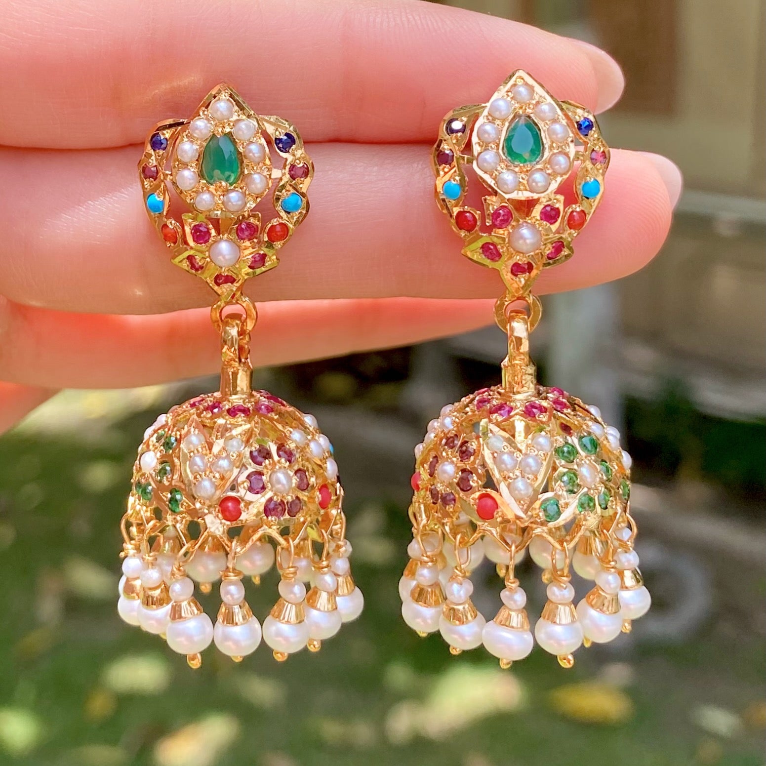 Gold Plated Jhumki | Navratna Color Combination| Small Dainty Size