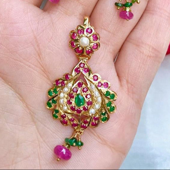 Gold Plated Locket & Earrings Set | Jadau Pendant Set Multicoloured PS 047
