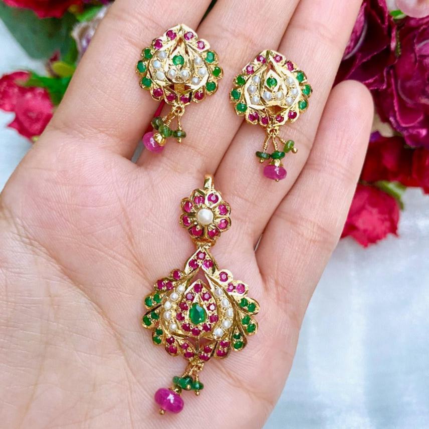 Gold Plated Locket & Earrings Set | Jadau Pendant Set Multicoloured PS 047