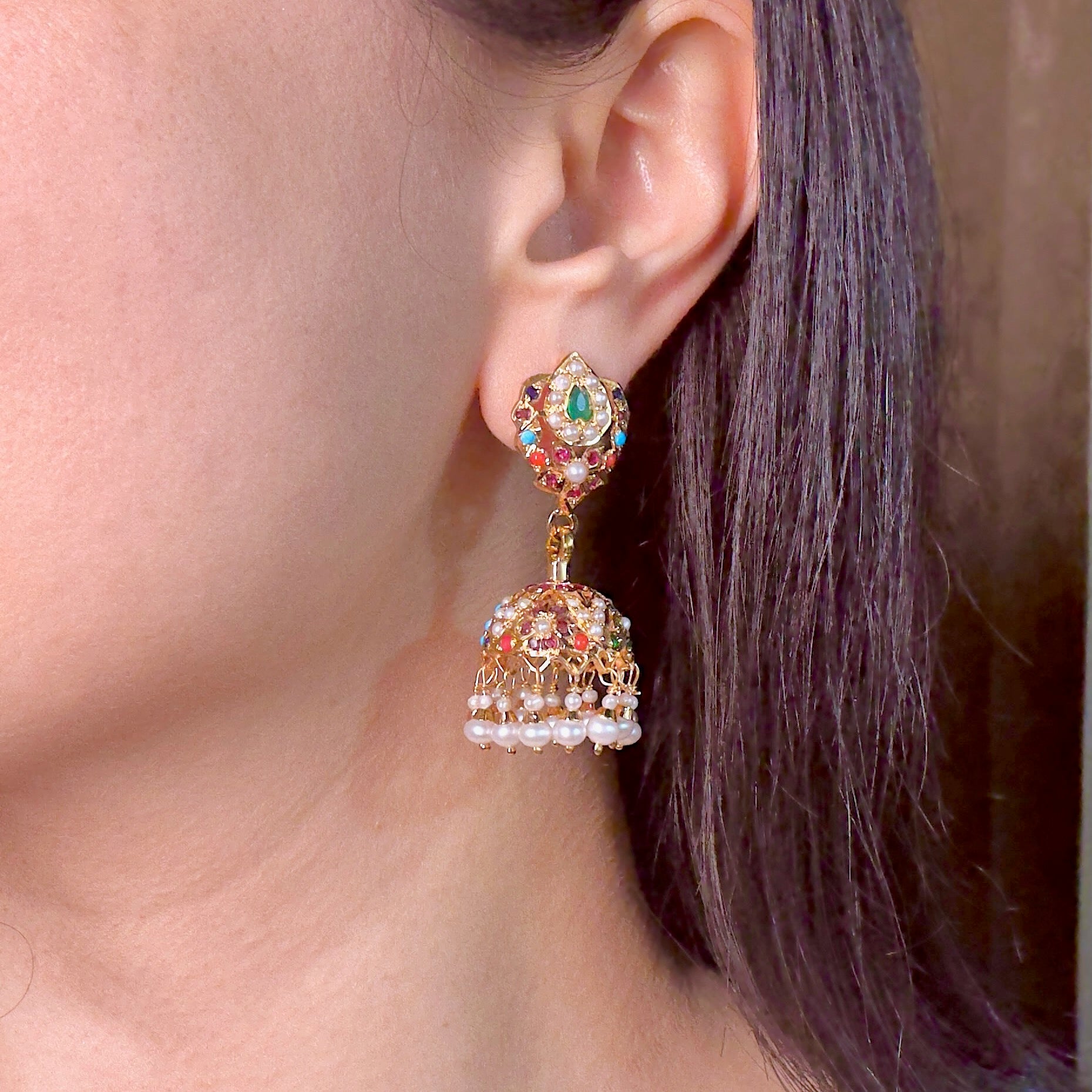 Gold Plated Jhumki | Navratna Color Combination| Small Dainty Size