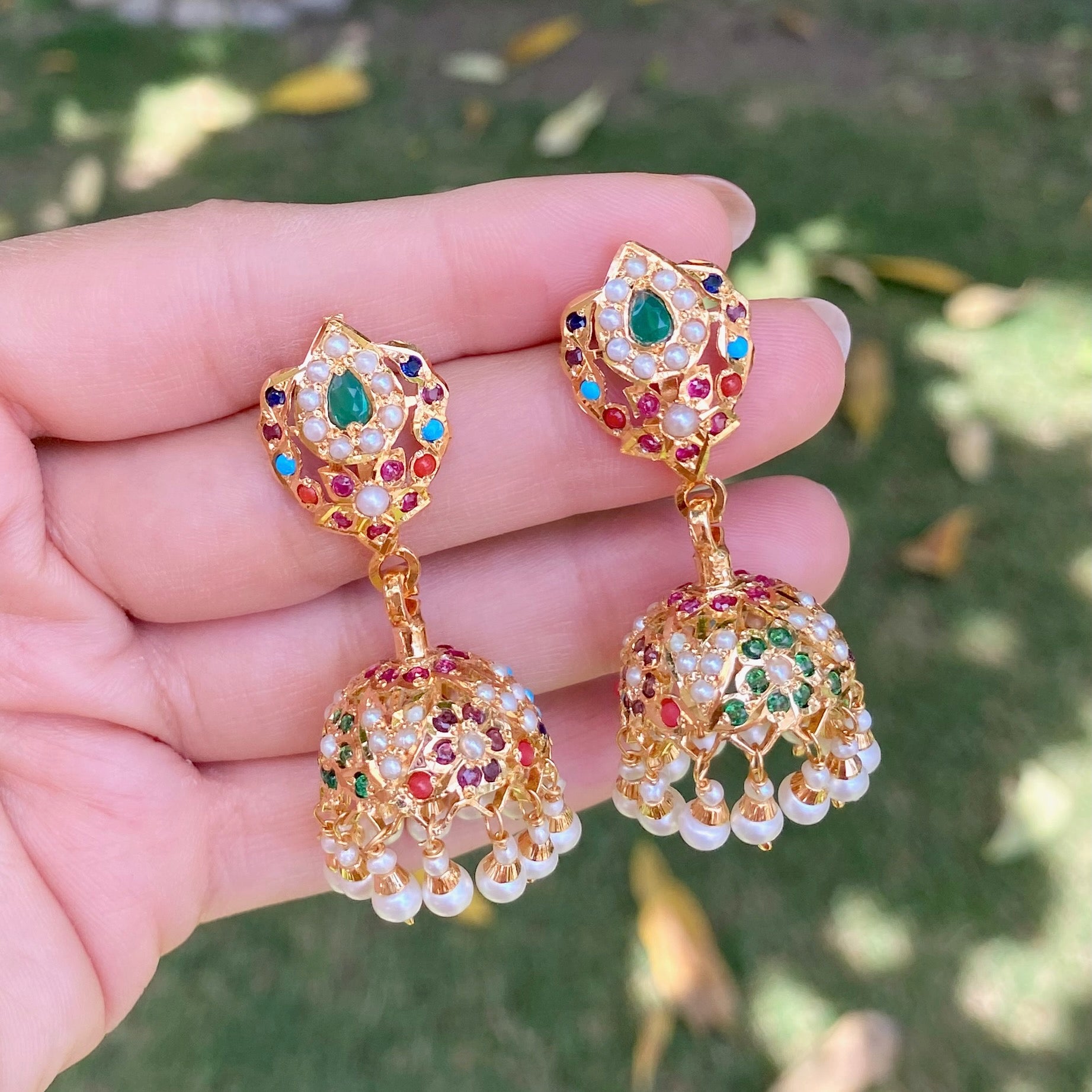 Gold Plated Jhumki | Navratna Color Combination| Small Dainty Size