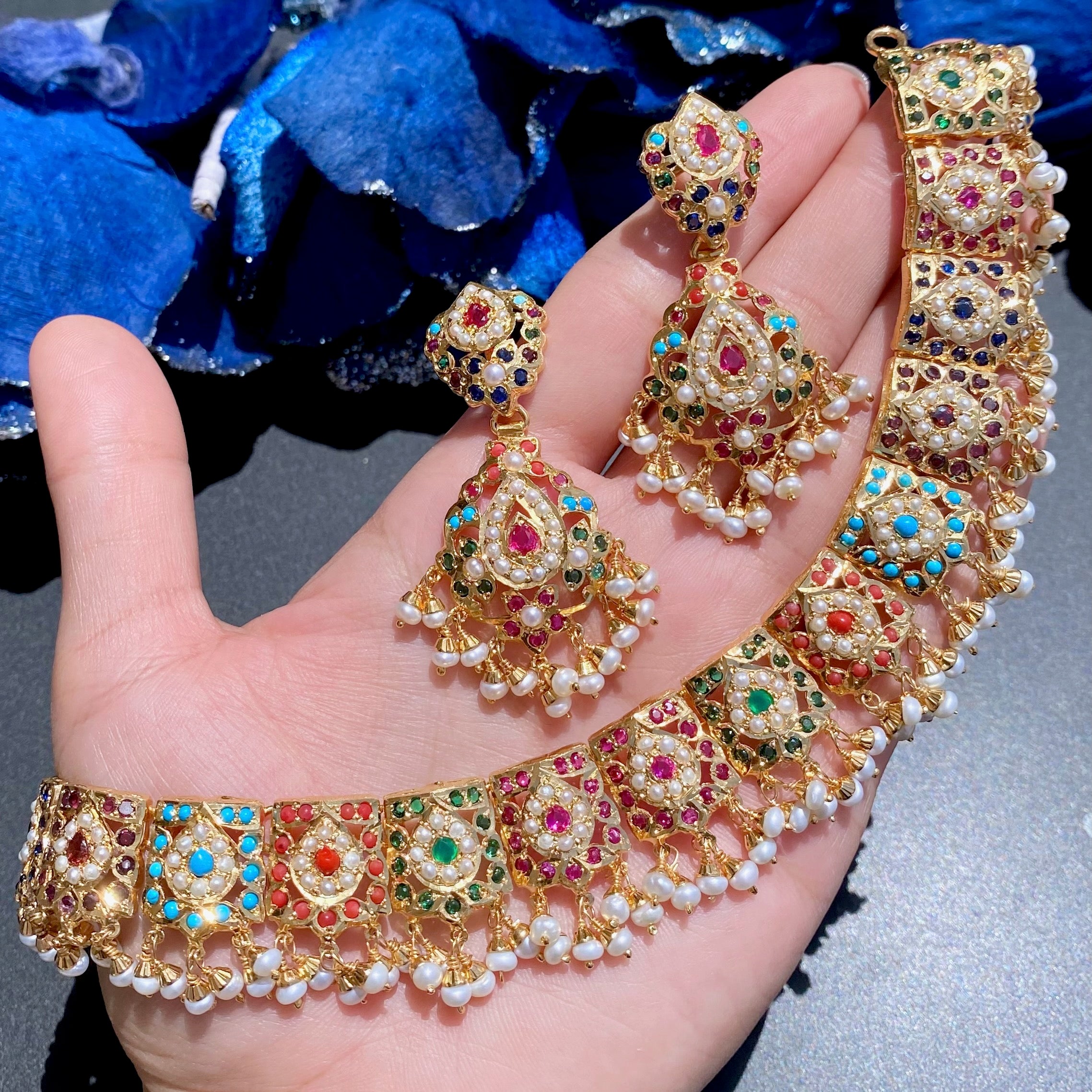 Elegant and Sober Navaratna Necklace Set | Gold Plated Jadau Jewelry on Silver