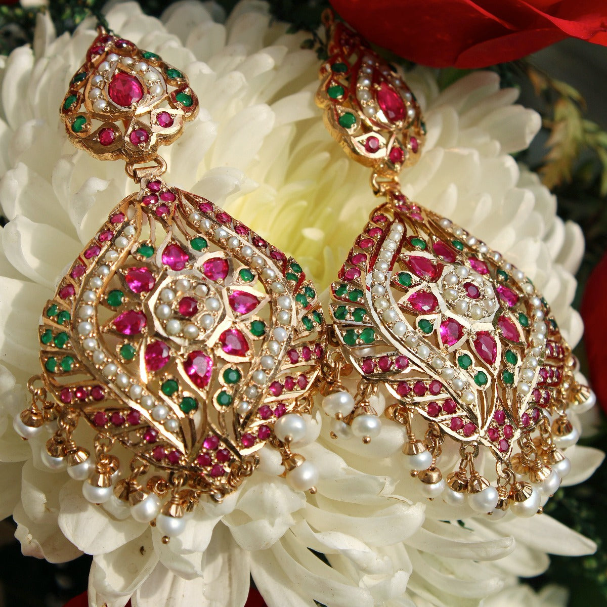 Multicolored Jadau Drop Earrings in Gold Plated Silver ER 034