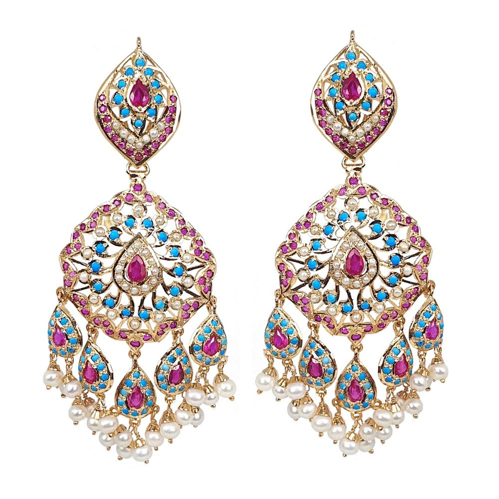 Gold Plated Danglers in Silver Studded with Ruby-red and Turquoises stones ER 003