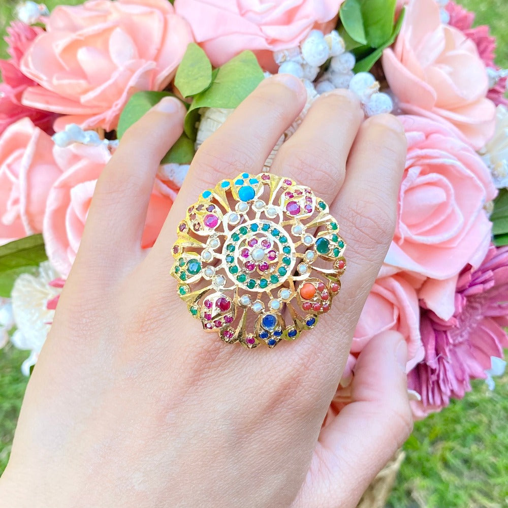 Navratan Jadau Cocktail Ring in Gold Plated Silver LR 005