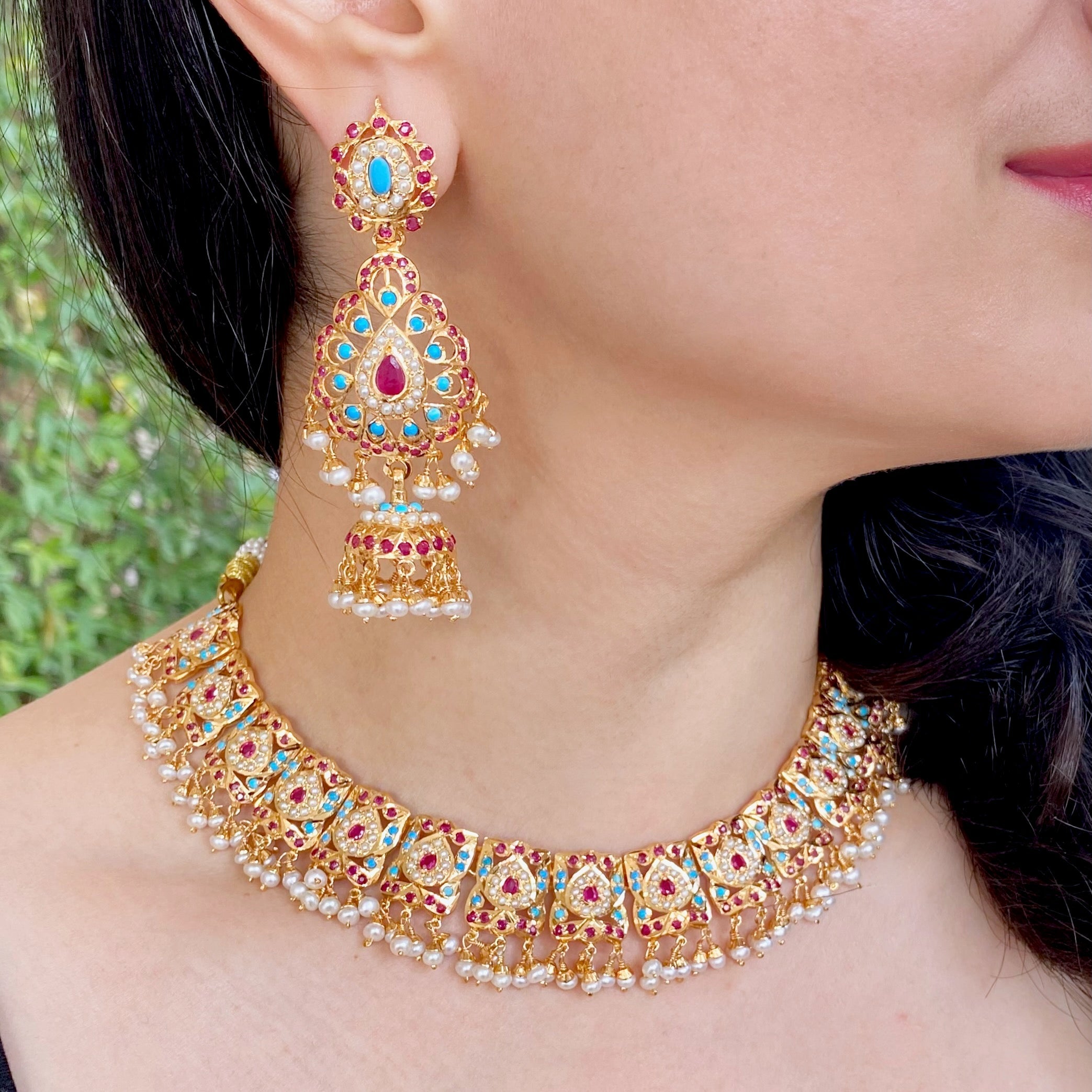 Multicoloured Jadau Necklace Set | Traditional Jadau Necklace with Jhumkas NS 215