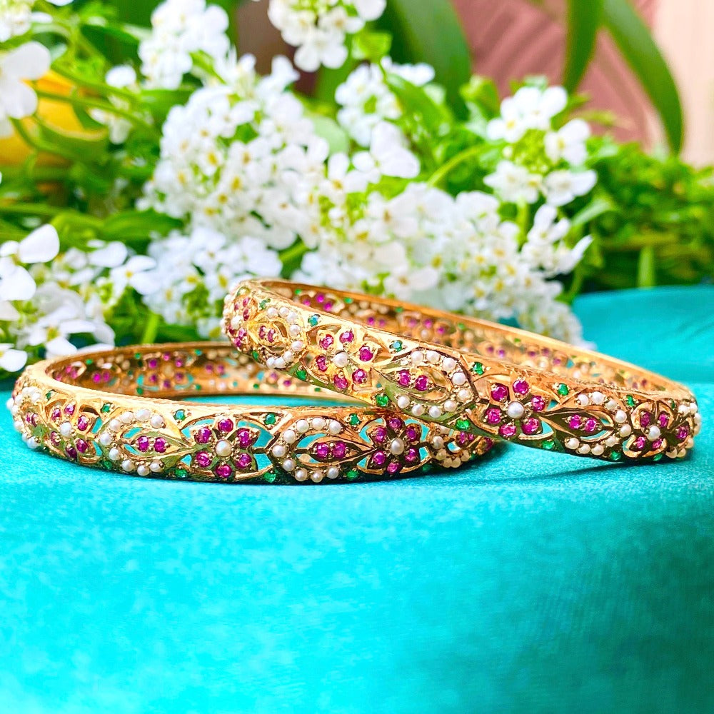 Gold Plated Jadau Bangles in 925 Silver BG 012