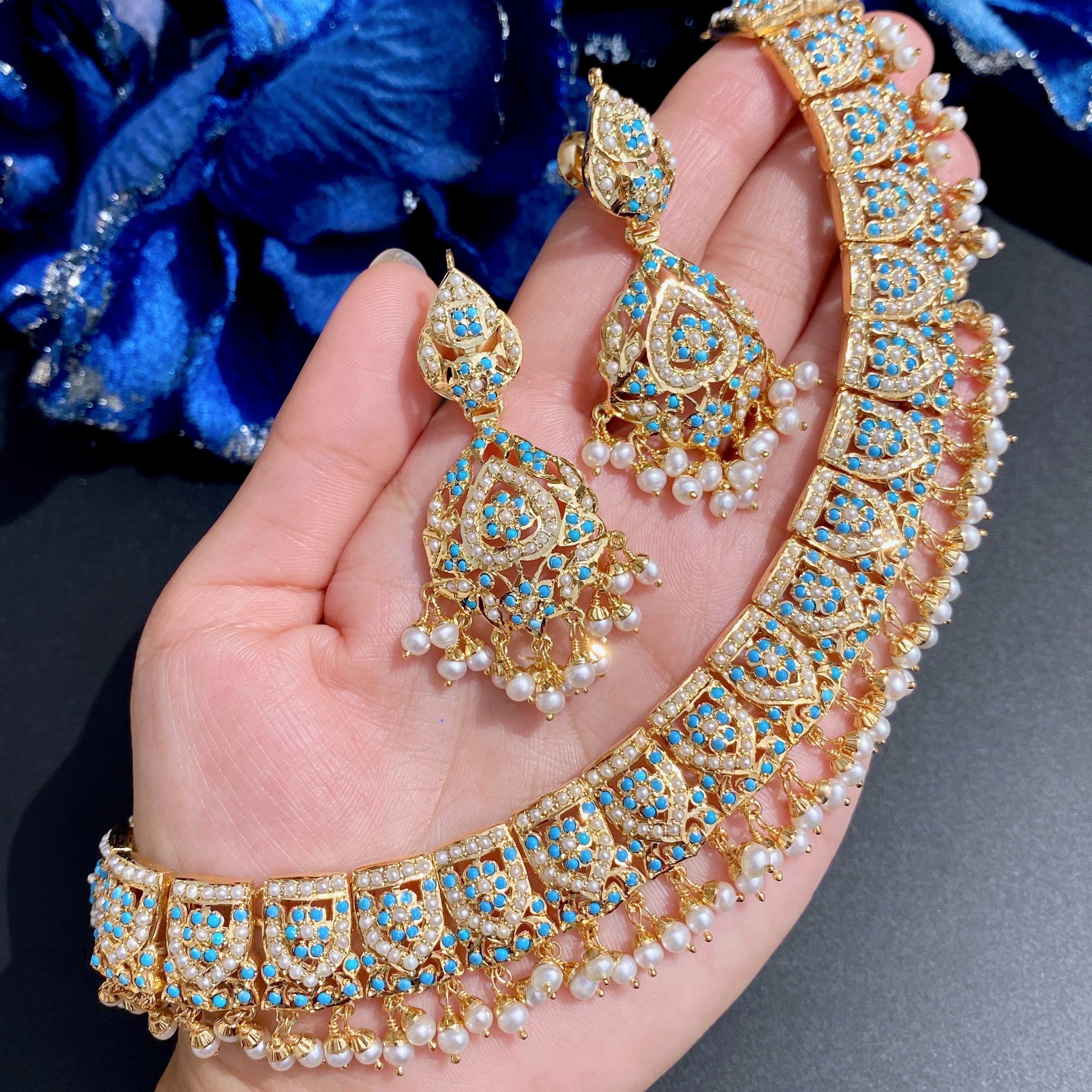 Classy Pearl & Feroza Necklace Set | Fine Indian Jewelry | Gold Plated Silver