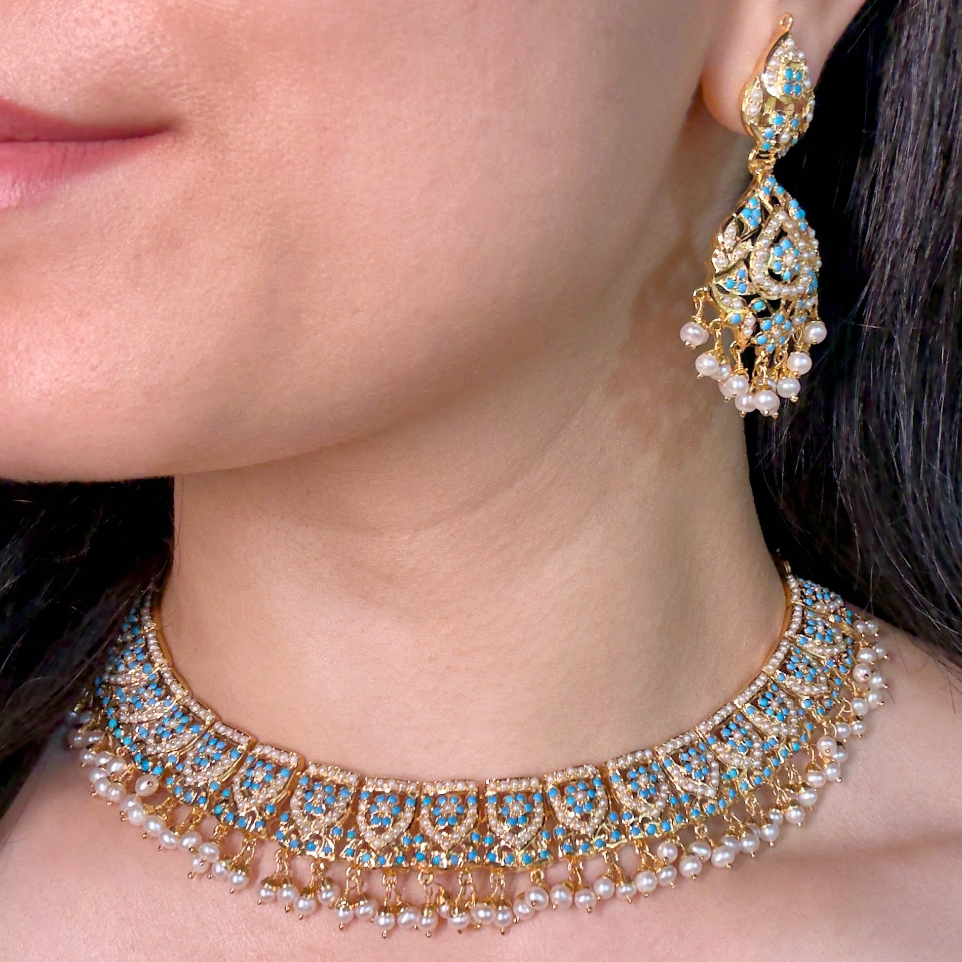 Classy Pearl & Feroza Necklace Set | Fine Indian Jewelry | Gold Plated Silver