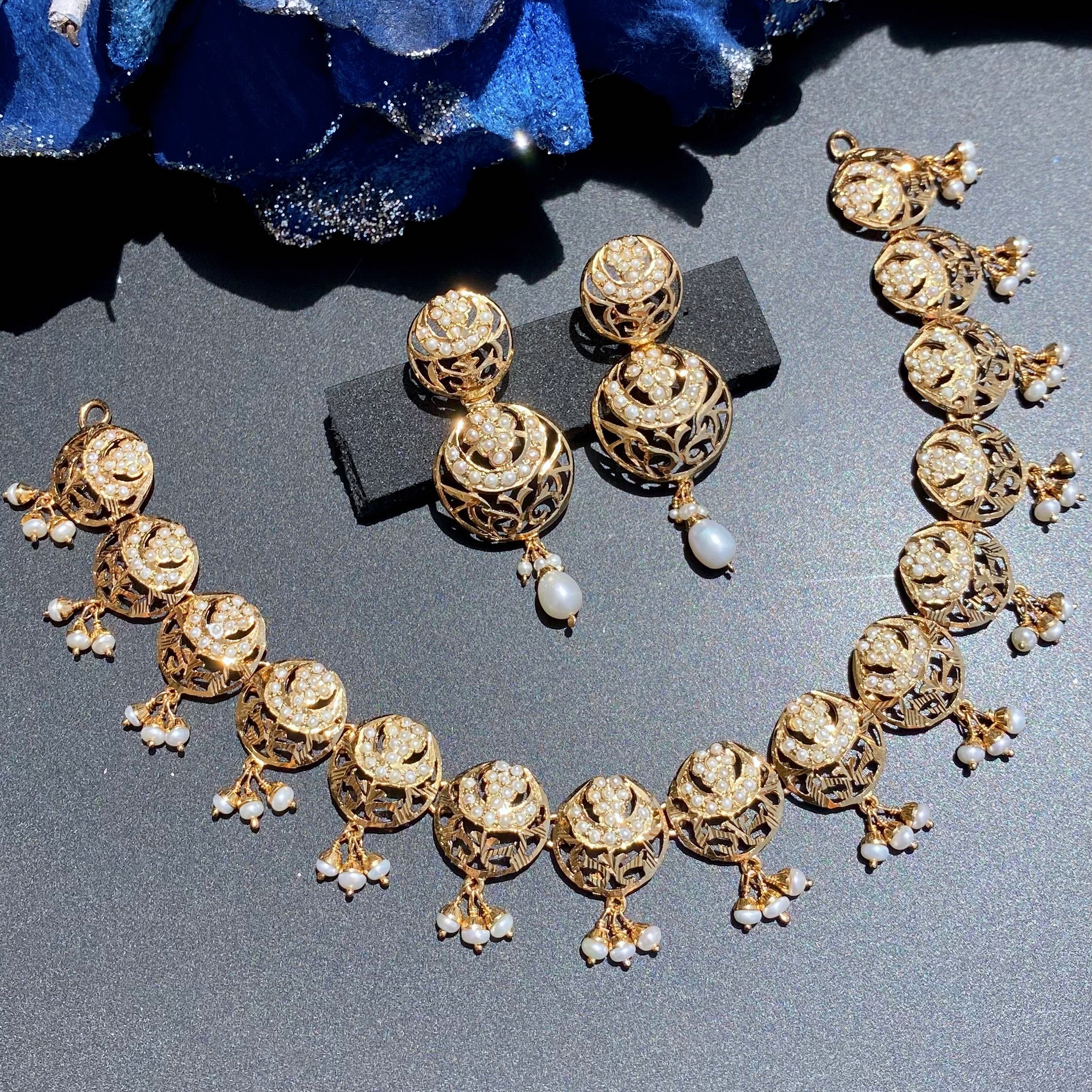 Intricately Designed Necklace Set with Jaali Work | Gold Plated on Silver | Freshwater Pearl Jewelry