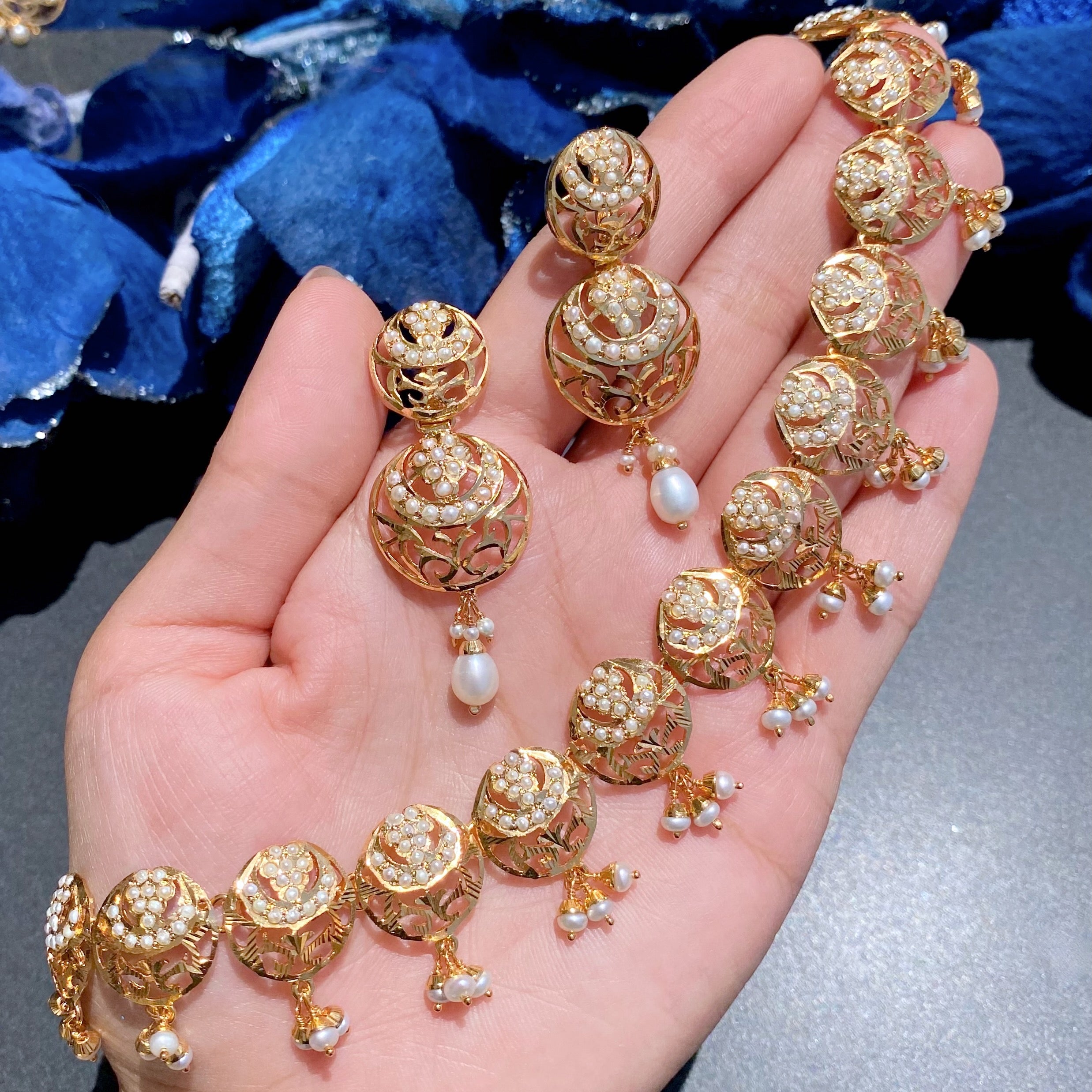 Intricately Designed Necklace Set with Jaali Work | Gold Plated on Silver | Freshwater Pearl Jewelry