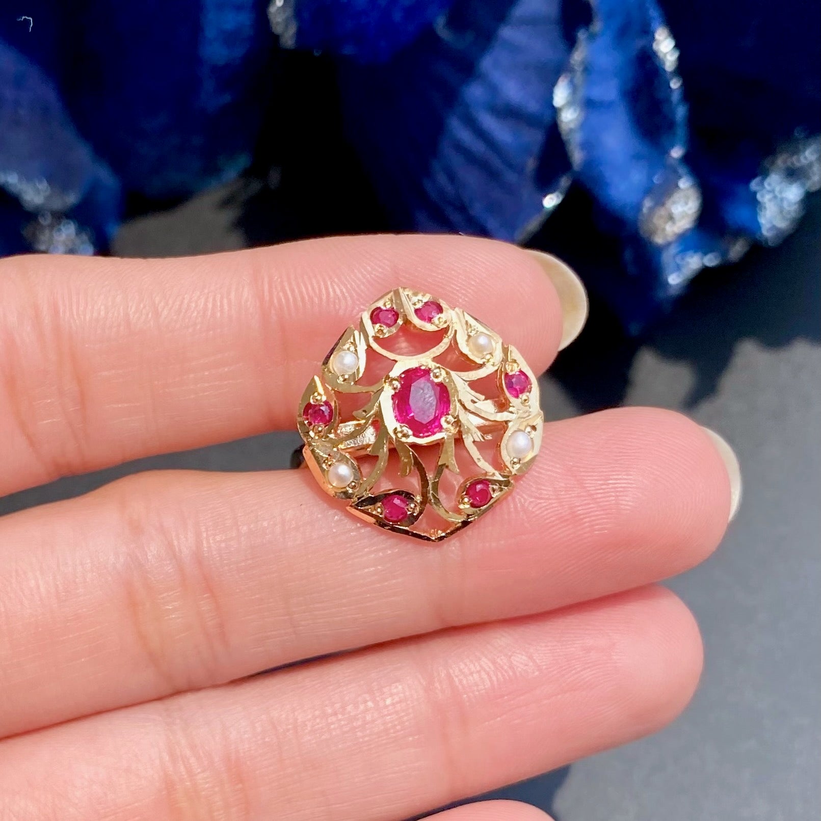 Dainty Women's Ring on Silver | Gold Plated | Ruby Red & Pearls Combination