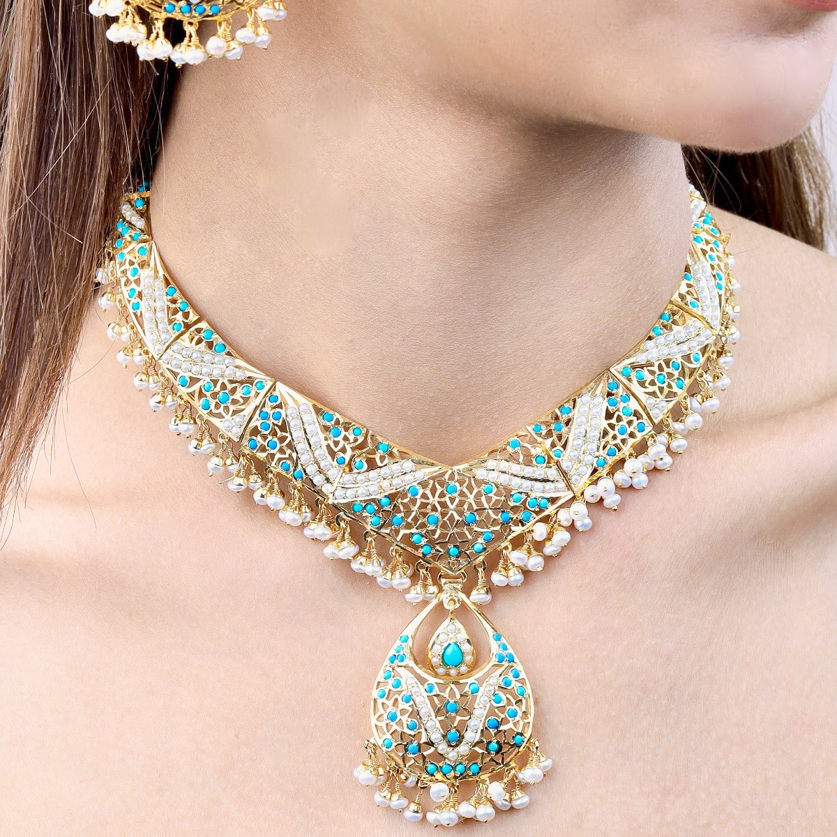 Gold Plated Pearl Pheroza Jadau Necklace Set in Silver NS 123