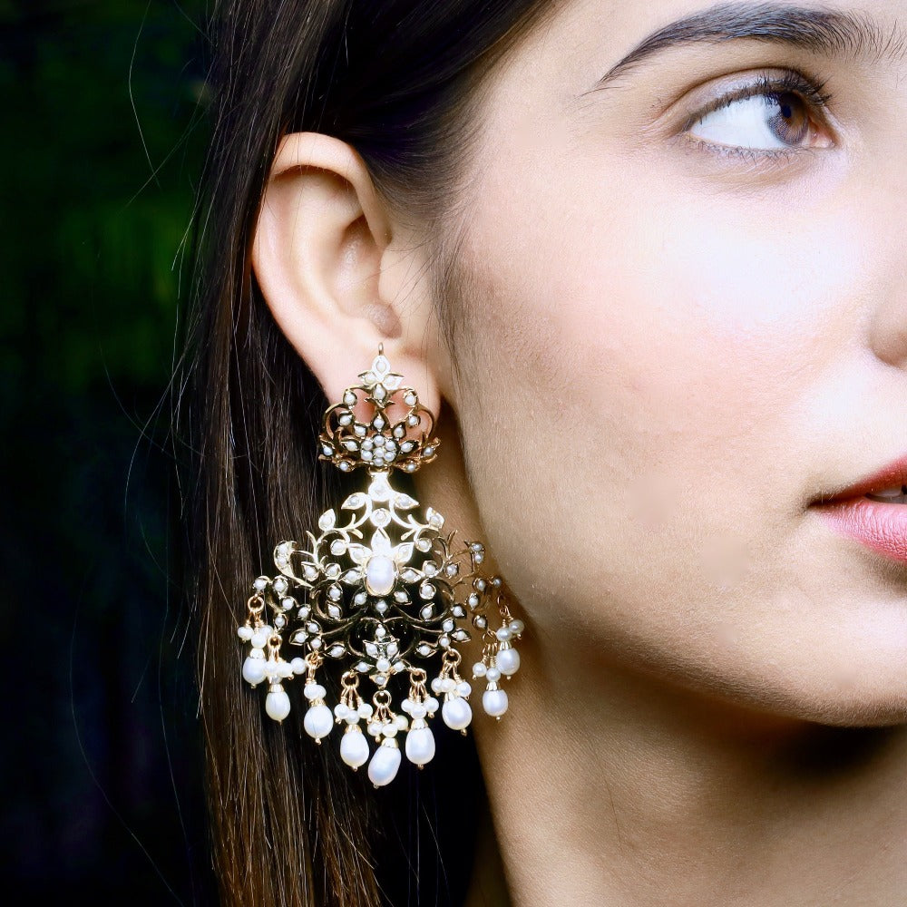 Statement Jadau Earrings set with Pearls in Gold Plated Silver ER 170
