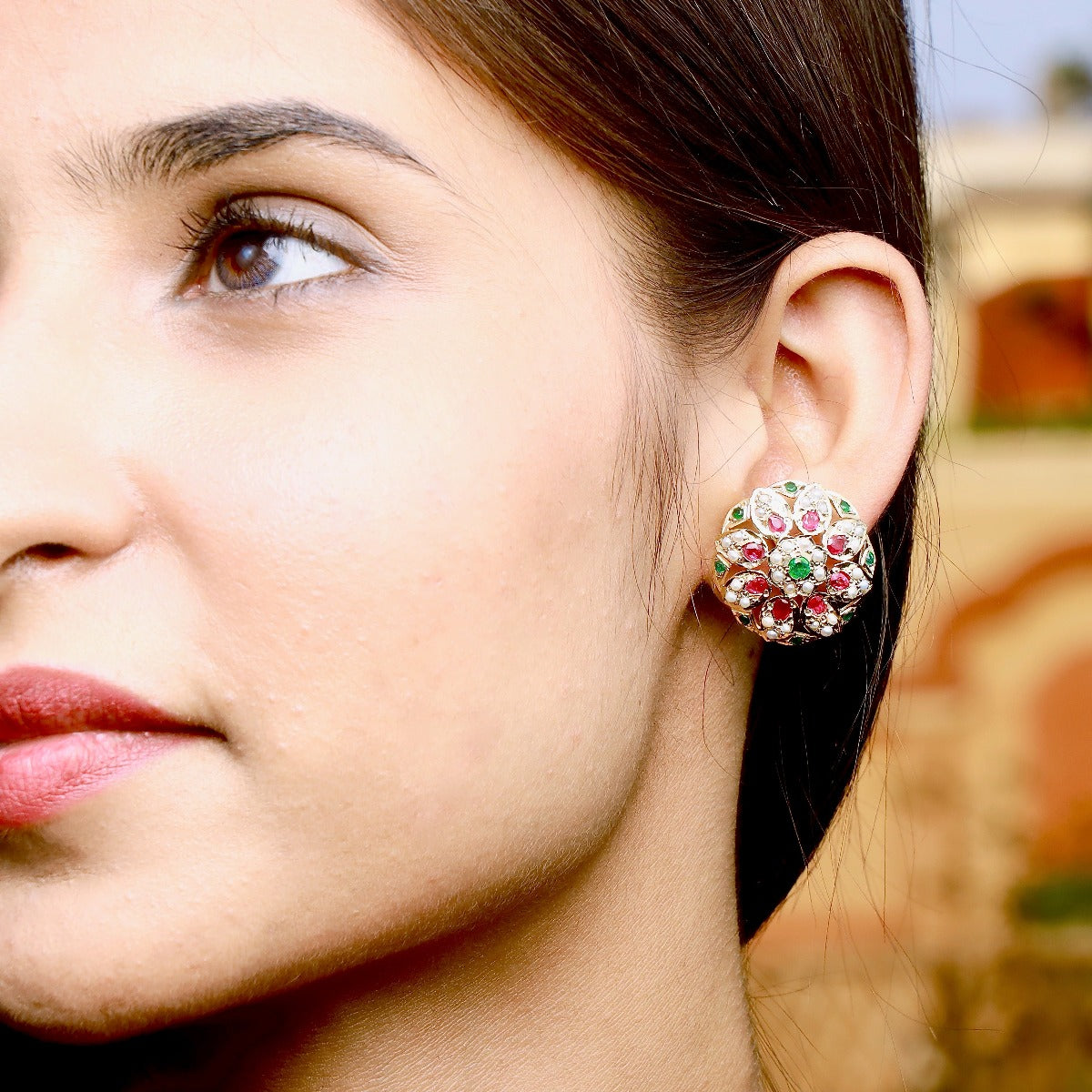 Multicolored Jadau Studs in Gold Plated Silver  ER 164