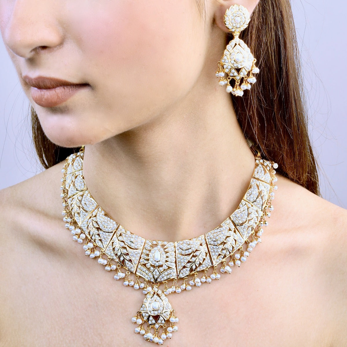 Gold Plated Pearl Necklace Set in Silver NS 093