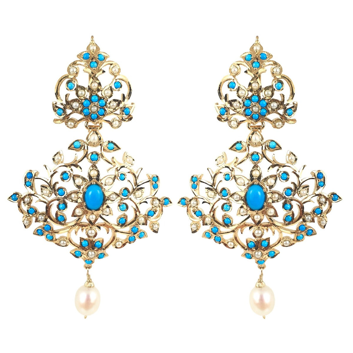 Intricately Crafted Pearl-Pheroza Studded Earrings in Sterling Silver with Gold Plating ER 021