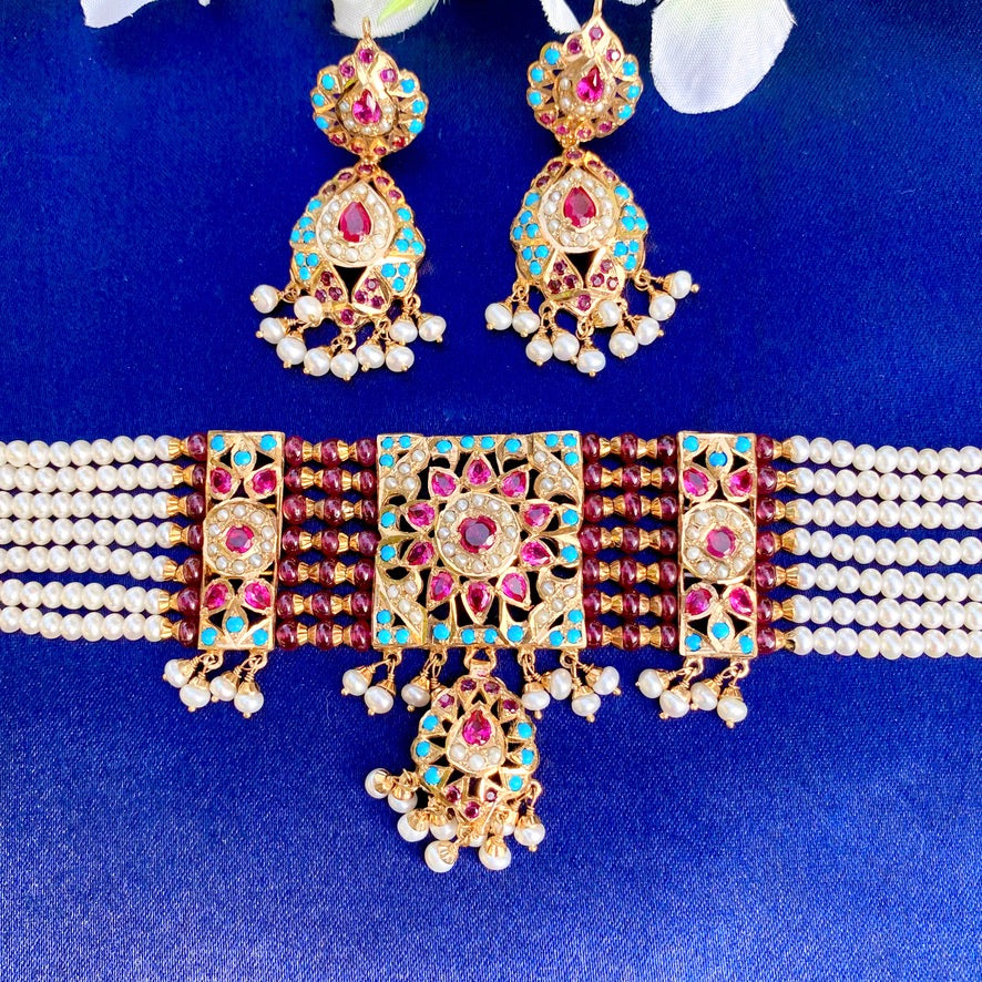 Multicolored Jadau Choker Necklace Set in Gold Plated Silver NS 007