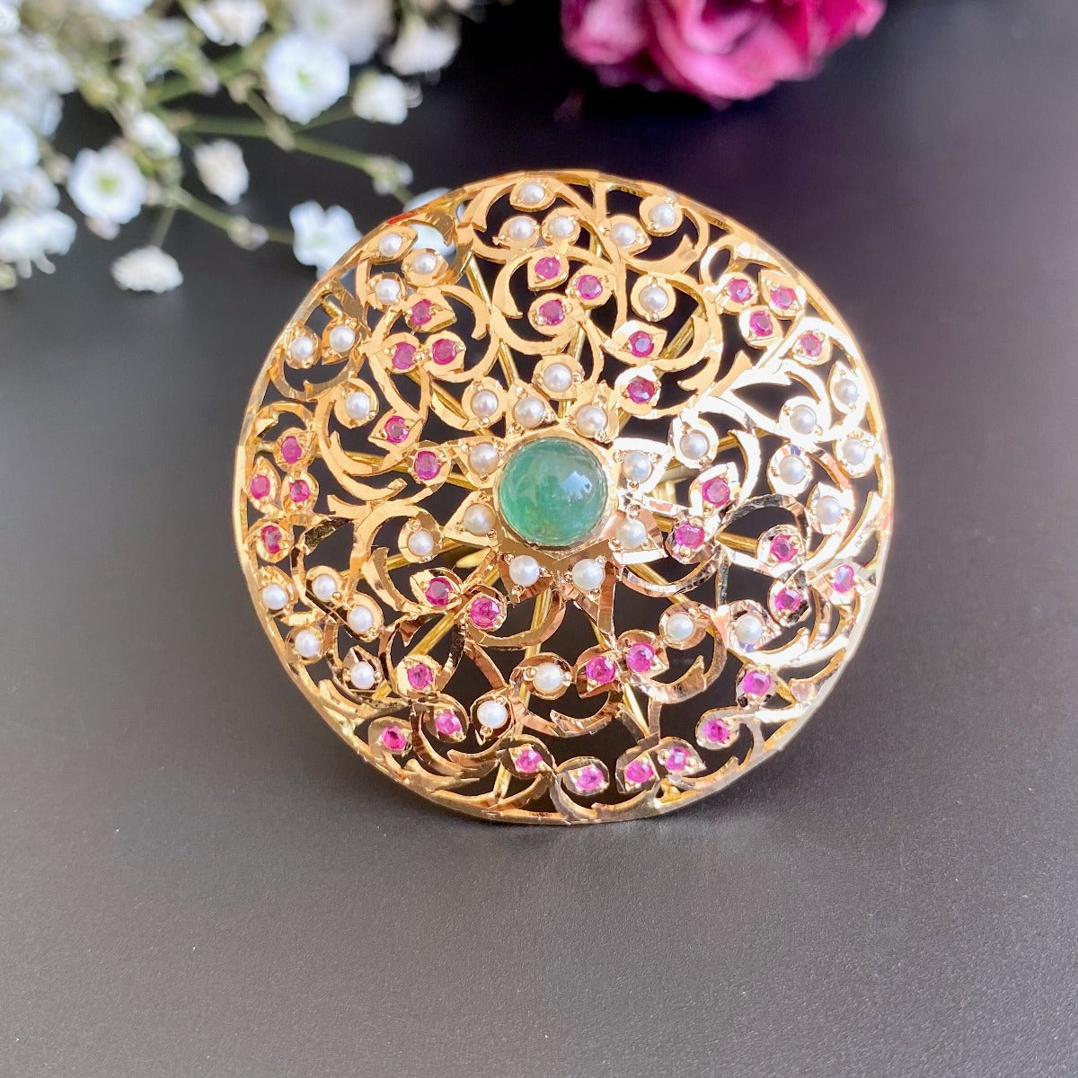 Ruby Emerald Pearl Cocktail Jadau Ring in 22ct Gold GLR 057