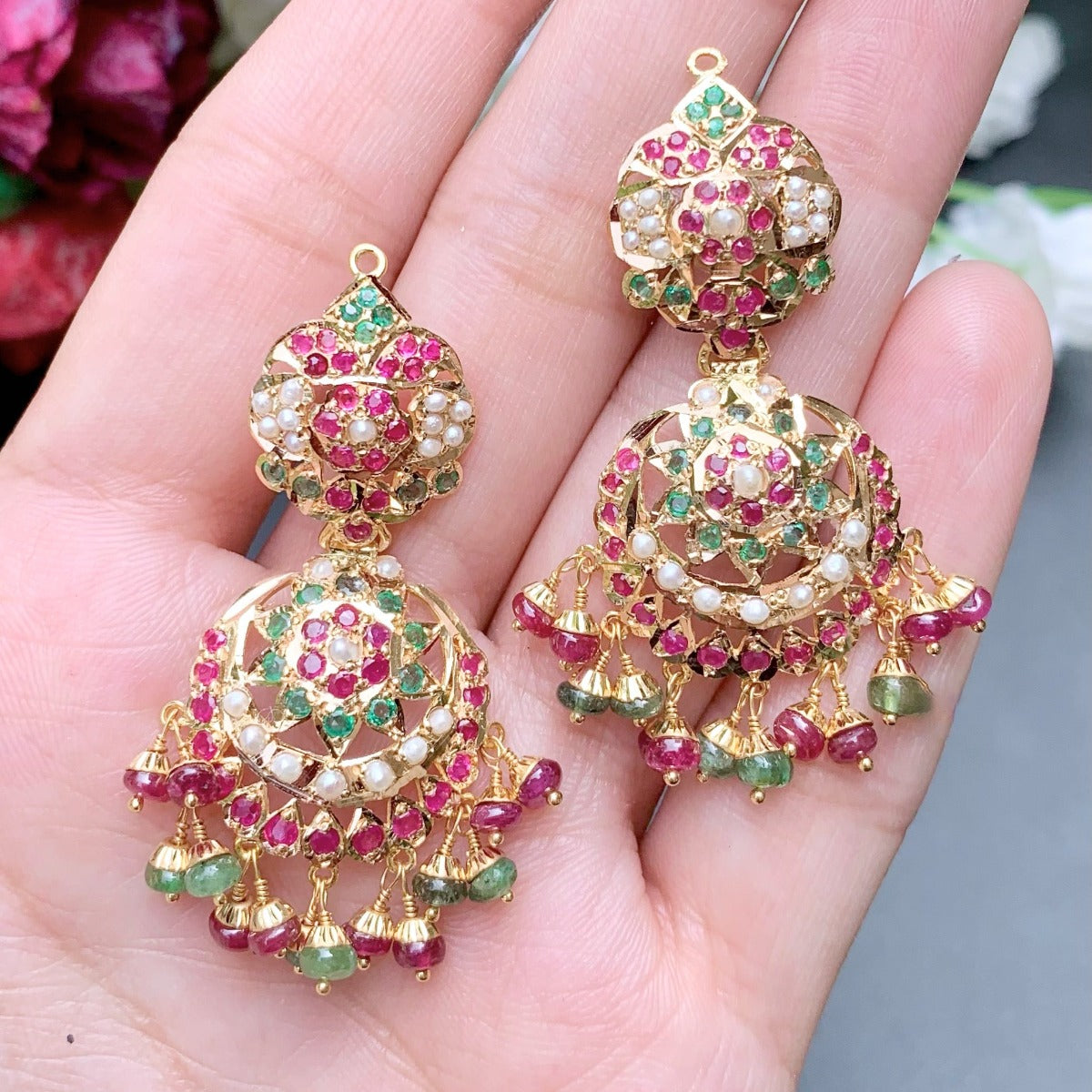gold earrings with real ruby emeralds
