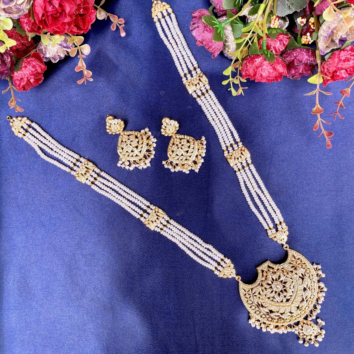 Gold Plated Pearl Rani Haar Set in Silver HR 008