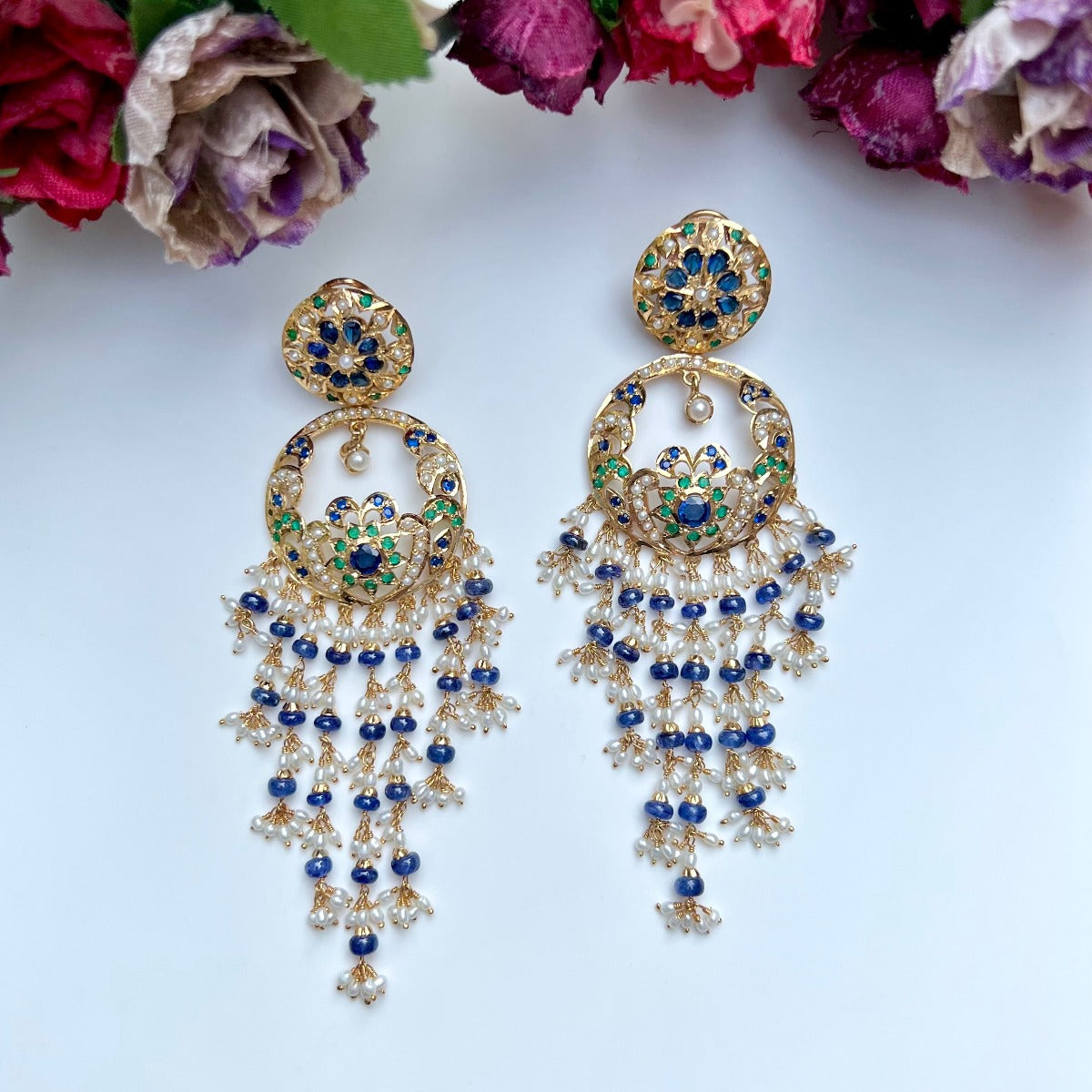 Gold Plated Chandbali with Long Hanging Beads Earrings in Silver ER 339