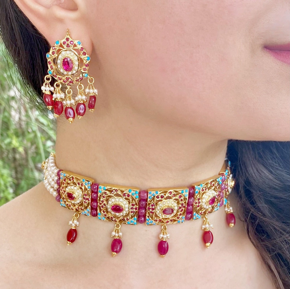 Multicolored Jadau Choker Necklace Set in Gold Plated Silver NS 030
