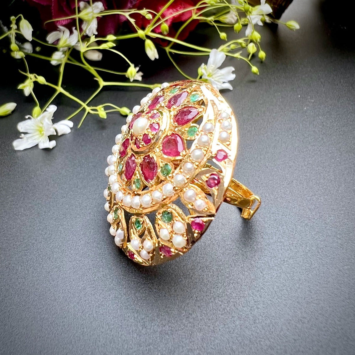Gold Cocktail Ring Studded with Rubies, Emeralds and Pearls GLR 013
