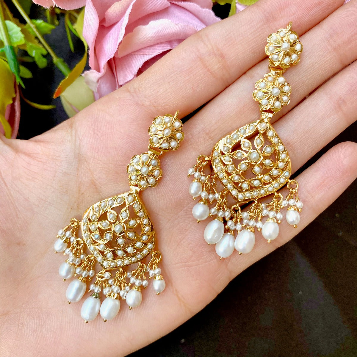 pearl danglers with gold plating