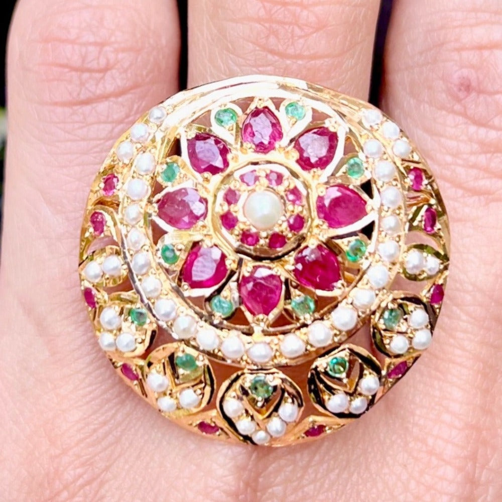 Gold Cocktail Ring Studded with Rubies, Emeralds and Pearls GLR 013