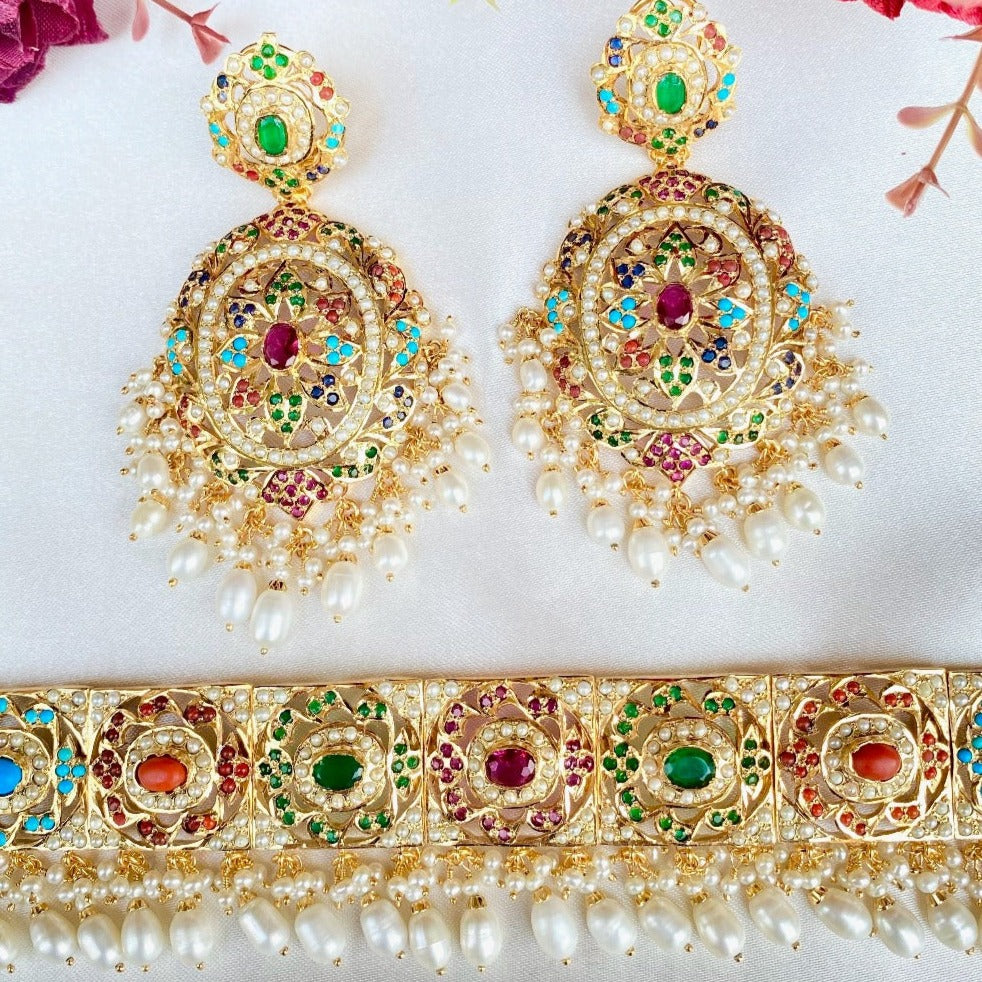 Navratan Jadau Choker Necklace Set in Gold Plated Silver NS 011