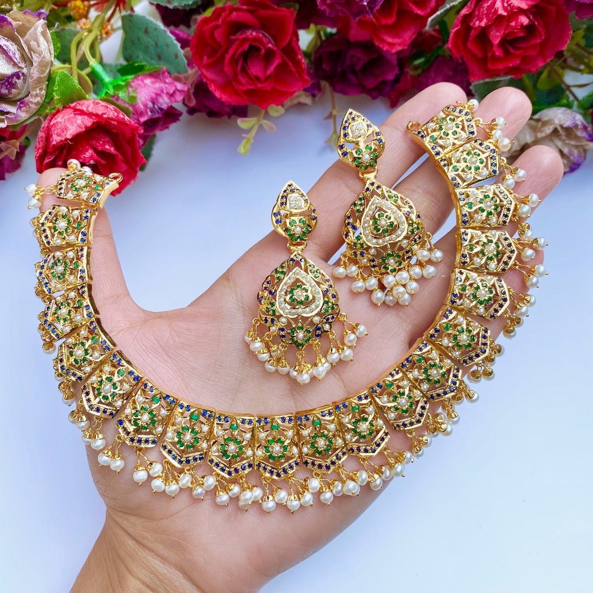 pearl and emerald pakistani necklace