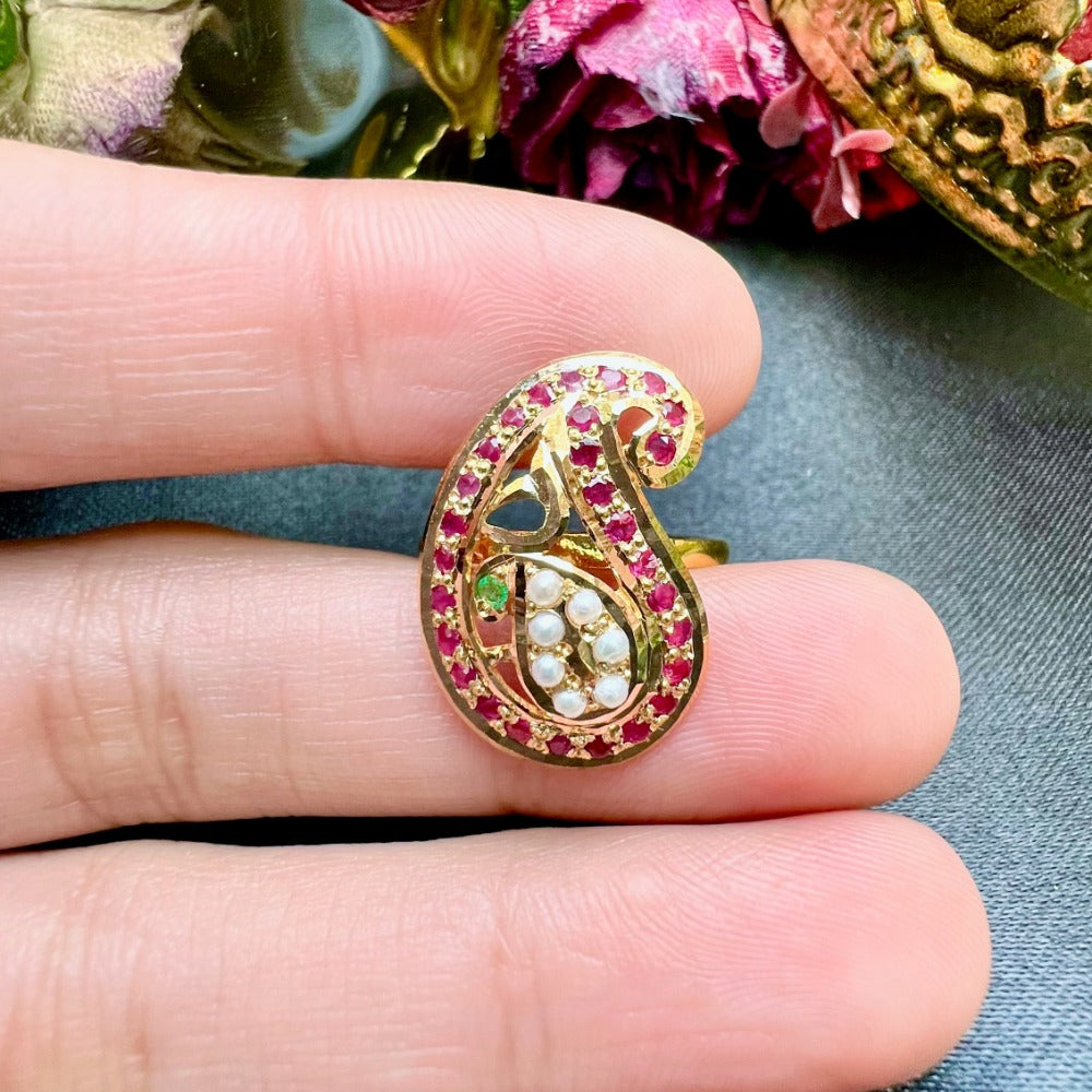 dainty 22k gold ring paisley shaped studded with ruby emerald and pearl