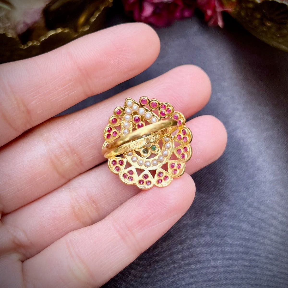 Jadau Cocktail Ring in 22k Gold | Original Ruby Emerald Pearl Studded GLR 008