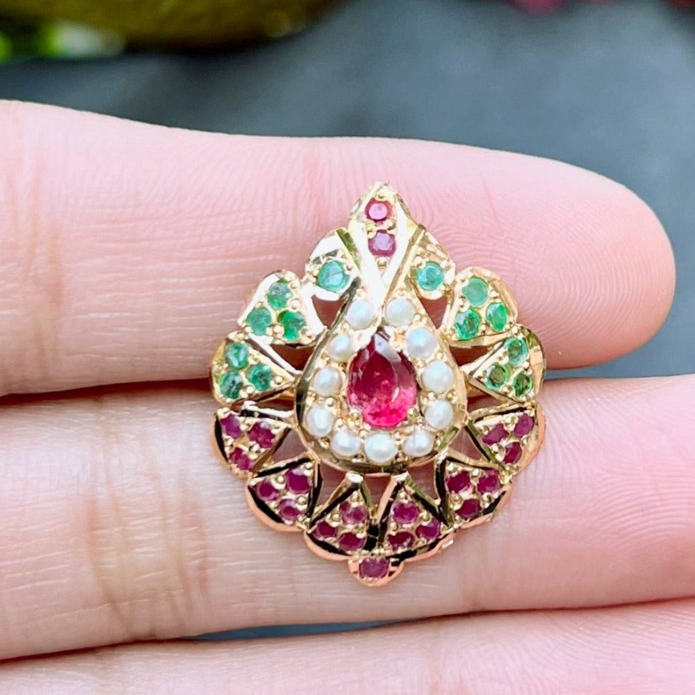 Gold Ring Set with Rubies, Emeralds and Pearls GLR 009