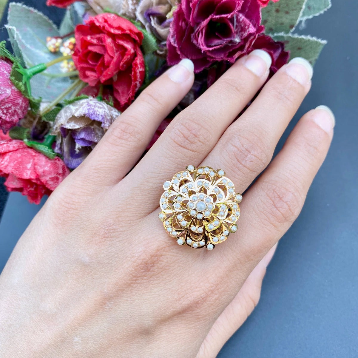 Floral Pearl Ring in 22k Gold GLR 038