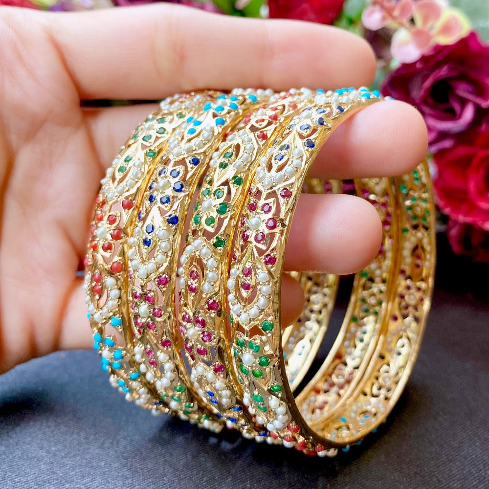 gold plated silver bangles in navratna colors