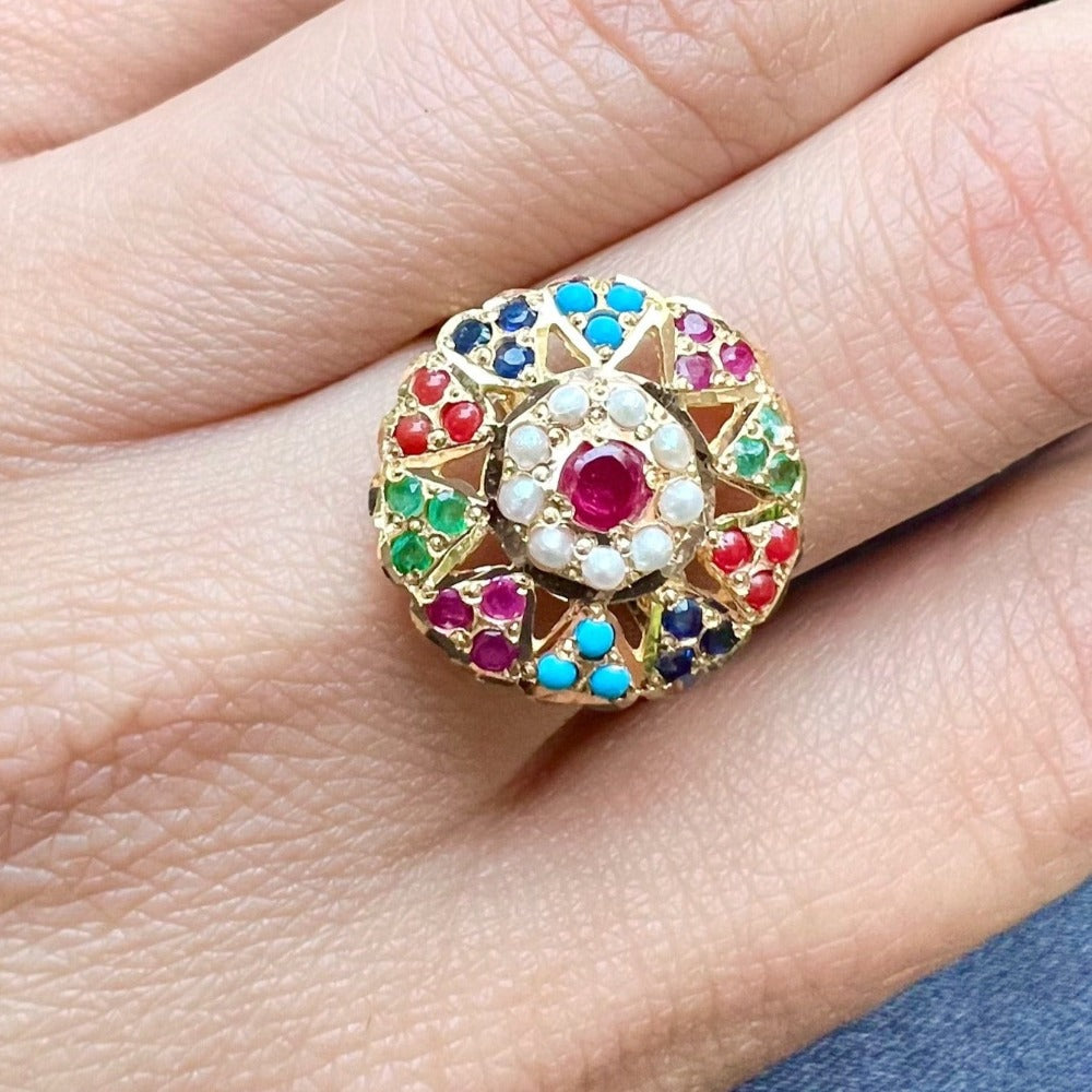 jadau finger ring for ladies with navrattan stones