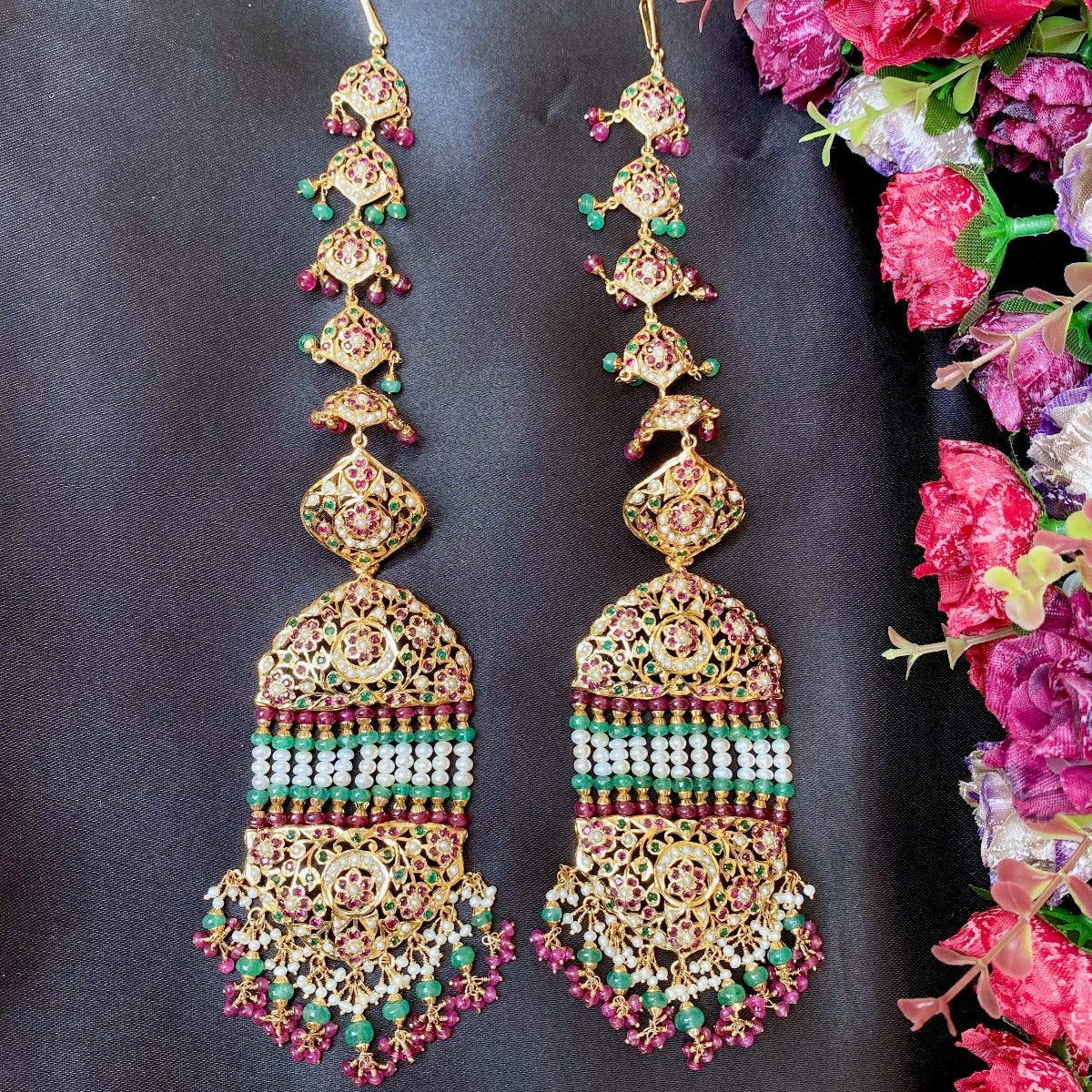 jhommer earrings in 22k gold studded with pearls rubies and emeralds