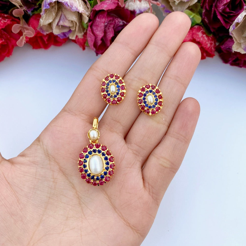 Multicolored Jadau Pendant Set in Gold Plated Silver PS 075